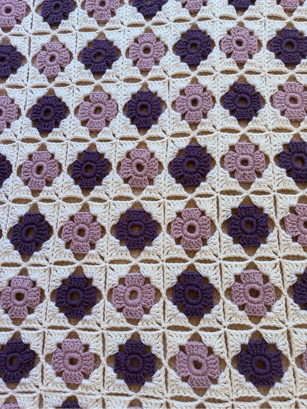 Handmade Crochet Granny Square blanket in Cream and Purple